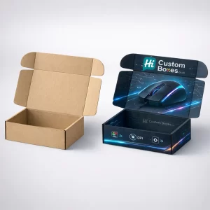 Two open cardboard mailer boxes, one plain brown and one with vibrant blue gaming mouse graphics.