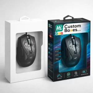 Two hanging retail boxes with transparent windows showing a gaming mouse, one white and one branded.