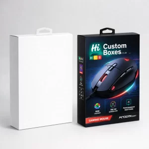 Two tall hanging retail boxes, featuring one plain white version and one with dark gaming branding.