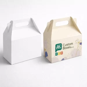 Gable-style gift boxes with integrated carrying handles- available in minimalist white and custom printed patterns