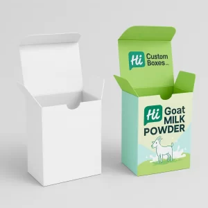 A tall white mockup box next to a colourful printed carton for goat milk powder