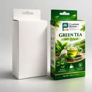 Two vertical hanging display boxes, one plain white and one with vibrant tea garden imagery.