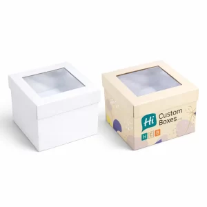 Decorative hamper boxes featuring transparent acetate windows on the lids for a clear product view
