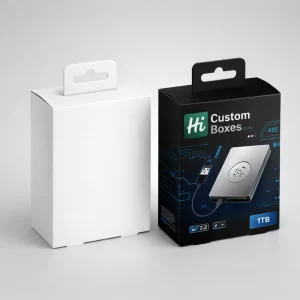 3D render of a plain white and branded black hanging box for hard drive retail.