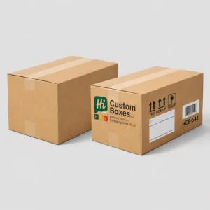 Photorealistic 3D mockup of a plain brown cardboard carton next to a branded shipping box.