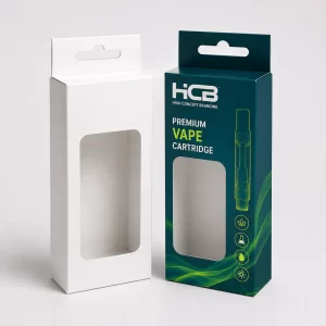 Printed vape cartridge boxes with a die cut window and hanging tab next to white mockup.
