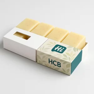 Four soap bars in a long holster box- one white with window- one printed with leaves