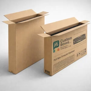 Two large brown corrugated cardboard boxes, one featuring printed text and a diagram of a keyboard.