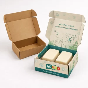 Two open corrugated mailer boxes, one plain white and one featuring vibrant pet-themed illustrations.