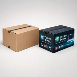 Two sturdy corrugated shipping boxes; one is natural brown and the other features premium blue branding.