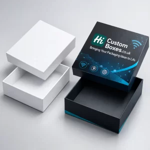 Photorealistic 3D render of a white blank and a branded black lid-style rigid router box.