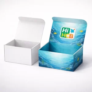 Two premium cardboard gift boxes with open lids, one plain white and one featuring high-quality aquatic branding.