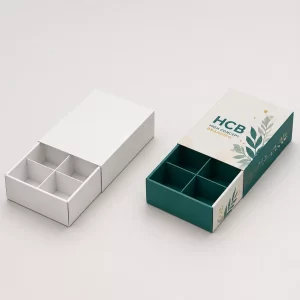 drawer-style sleeve boxes with internal dividers featuring high-end floral branding and teal accents.