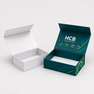 Premium magnetic closure gift boxes in white and teal branded colours.