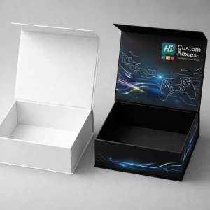 Two open magnetic lid boxes, one plain white and one featuring premium blue circuit designs.
