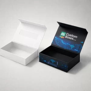 Elegant 3D mockup showing open white and branded black magnetic closure luxury router gift boxes.