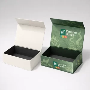 mium magnetic closure luxury tea boxes in white and a sophisticated dark green patterned finish.