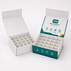 Two square white mailer boxes with internal partitions and one featuring teal branding and product icons.