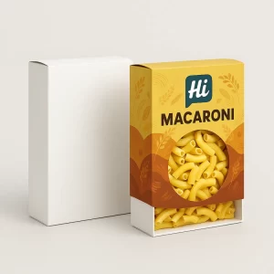 Two cardboard boxes- one plain and one yellow with a circular window displaying dry macaroni