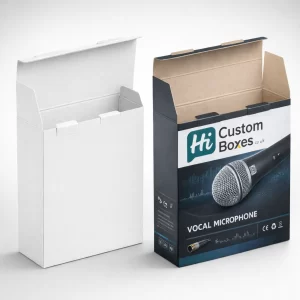 A plain white card box next to a retail box with a vocal microphone design and logos.