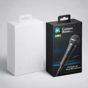 A plain white retail box next to a black hanging box featuring a vocal microphone illustration.