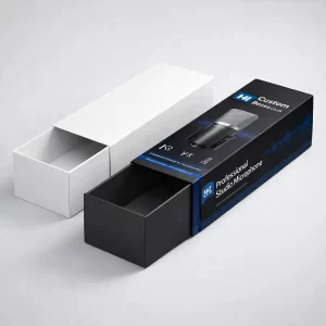 A white sliding drawer box next to a black sleeve box for a professional studio microphone.
