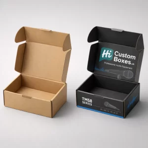 An open plain brown mailer box beside a black branded mailer box for audio equipment.