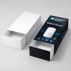 Photorealistic 3D render of a blank white and branded blue motion sensor retail box.