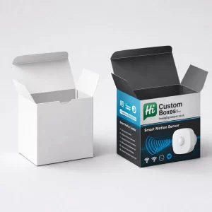 Photorealistic 3D render of a blank white and branded blue motion sensor retail box.