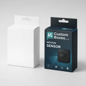 Professional 3D mockup of white and branded black motion sensor boxes with hanging tabs.