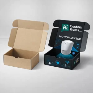 Open 3D mockup of a plain kraft mailer beside a branded motion sensor shipping box.