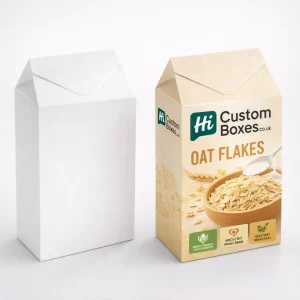 Two gable-top oat flakes boxes, one plain white and one with bespoke UK branding and design