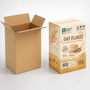 Sturdy corrugated cardboard shipping boxes with organic oat flakes branding and essential handling icons for transport.