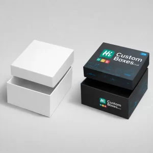 3D render of a white blank and branded black open lid rigid hard drive box.