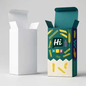 Two upright rectangular pasta boxes- one blank white and one teal featuring various illustrated pasta shapes