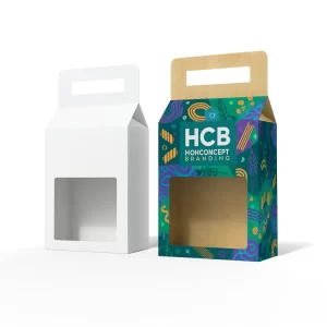 Two gabled boxes with handles and square windows- one plain white and one colourfully patterned
