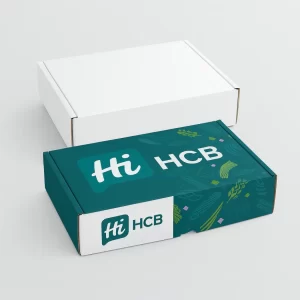 Two flat rectangular mailing boxes- one white and one teal with white branding and pasta-style patterns