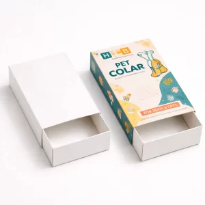 Two cardboard drawer-style slide boxes, one plain white and one with pet-themed branding for cat/dog collars.