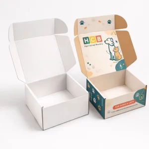 Two small cardboard mailer boxes, one plain white and one featuring a colourful pet-themed design.