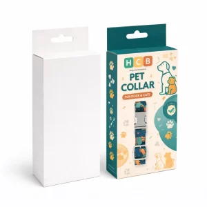 Two rectangular boxes with hanging tabs, featuring a white version and a decorated version for collars.