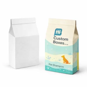 Two rectangular boxes with windows- one plain white and one with colourful pet shampoo branding
