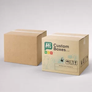 Two heavy-duty brown corrugated shipping cartons, with one displaying custom logos and pet industry symbols.