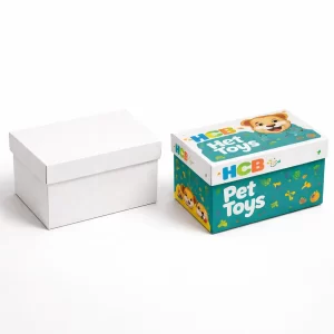 Two square two-piece rigid boxes with lids, one plain white and one featuring pet graphics and teal accents.