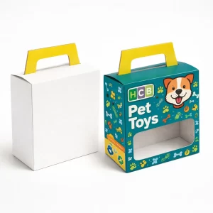 Two open flat-style cardboard boxes, one blank white and one with a colourful sitting dog illustration.