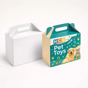 Two gabled carrier boxes with handles, one plain white and one printed with pet-themed patterns and branding.