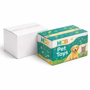 Two square cardboard shipping cartons, one plain white and one featuring a sitting dog graphic and branding.