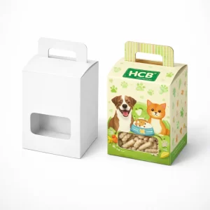 Two flat open mailer boxes, one plain white and one featuring a colourful dog illustration with branding.