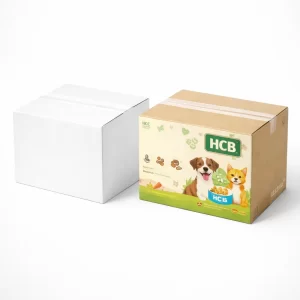Two square shipping cartons, one plain white and one printed with a sitting dog and HCB branding.