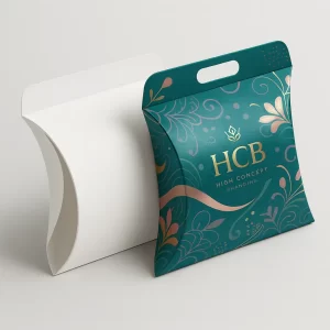 White pillow favour box next to a teal one with a handle and elegant gold-copper floral branding