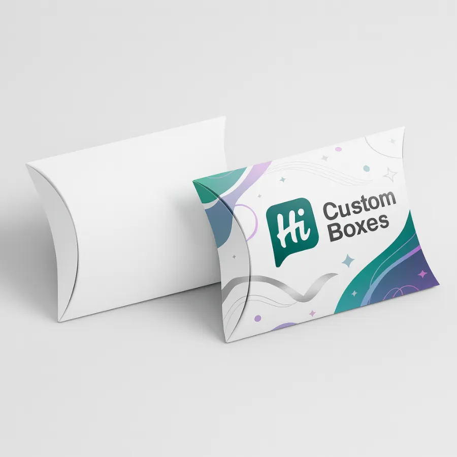 A white gift pillow box with a display window and a branded colourful patterned box